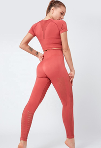 Alta calidad de las mujeres de manga corta púrpura Fitness Yoga Crop Top Gym Wear Sets - Product Image 5