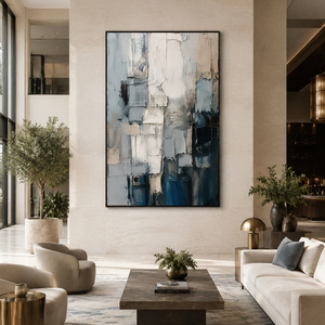 Tableau mural en bois peint à la main, nature morte texturée, abstrait, sur toile, gris-bleu, géométrique, moderne, pour salon, hôtel, appartement - Product Image 1