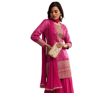 Pink Bandhani Zardosi Sharara Set para venta al por mayor bodas indias nupcial festivo Sangeet ocasiones y celebración cultural OEM - Product Image 2