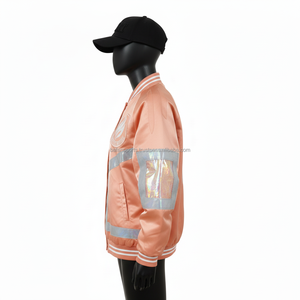 Chaqueta de Satén Premium para Mujer, Color Durazno, con Paneles Plateados Reflectantes, Diseño de Logotipo Bordado Personalizado, Chaquetas de Satén para Mujer - Product Image 3