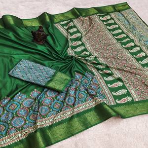 Sari de Seda Suave VASTRA COTTAGE con Estampado Digital Completo y Borde de Zari en Ambos Lados, Sari de Diseñador con Blusa Combinada - Product Image 1