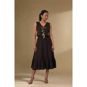 Conjunto de Falda Midi Acampanada de Crepé Cocoa Dusk y Top con Cuello en V y Lazo, Casual, Transpirable, de Alta Calidad, Tejido de Punto de Algodón y Spandex, Primavera - Product Image 5