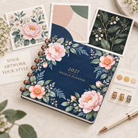 Carnet de notes hebdomadaire LABON A5 personnalisé à spirale, motif floral, bleu marine et or rose, pages vierges, OEM, pour papeterie de marque