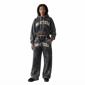 Custom Women Acid Wash Black Cropped Hoodie <b>Wide</b> <b>Leg</b> <b>Jogger</b> Set Cotton Fleece Streetwear Tracksuit OEM Wholesale - Product Image 1