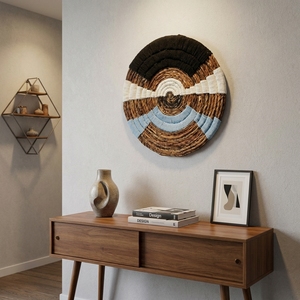 Panier mural en macramé en écorce de bananier naturelle, plateau rond géométrique arc-en-ciel bleu noir blanc, décoration artistique pure pour la mise en scène de la pièce, artisanat - Product Image 3