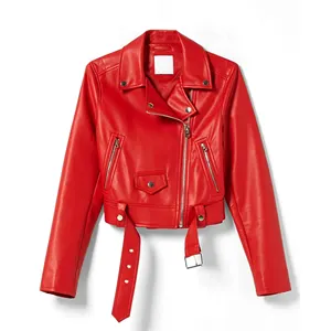 Red Color Stylish Two Zipper Pocket Fashionable Leather Jacket For Women's Wholesale Stand Caller Leather Jacket For Women