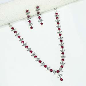 Ayushi 925 Silver <b>Necklace</b> Set & Earrings Semiprecious Delicate <b>Ruby</b> & Zircon Flower Petal for Weddings - Product Image 2