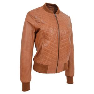 Chaqueta Bomber de cuero acolchado para mujer, chaqueta de cuello tejido a rayas, piel bronceada auténtica - Product Image 2