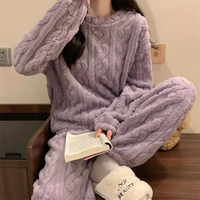 Pijama de Mujer a la Moda, de Felpa Coral, Tejido Jacquard, Elegante, con Cintura Elástica, Personalizado, Grueso, Transpirable, de Dos Piezas, para Primavera