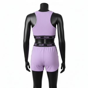 Conjunto de Shorts Ajustados de Algodón Acordonado Suave de 240 GSM con Spandex Morado para Mujer, con Logotipo Personalizado por Transferencia Térmica - Product Image 2