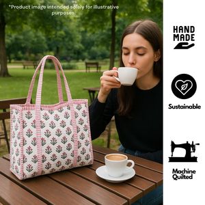Lightweight Eco-Friendly <b>Quilted</b> Cotton Tote <b>Bag</b> for Women Hand Printed Zipper Closure Boho Chic Style for Travel & Daily Use - Product Image 2