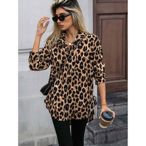 Women'<b>s</b> Long-Sleeved Collared Button-Front, Side-Tie Leopard Print Modal <b>Blouse</b>, 30331 - Leopard - Product Image 2