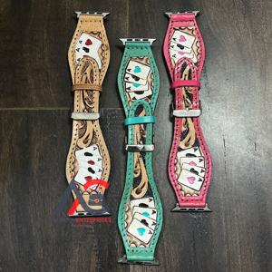 Bracelet de montre intelligente en cuir véritable personnalisé en gros, bracelet de montre de remplacement en cuir véritable unisexe avec motif de cartes à jouer - Product Image 1