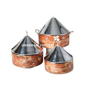 Juego de tres ollas de diseñador de madera con asas doradas, vajilla de forma redonda, cazuela de mesa, calentador de alimentos elegante y clásico - Product Image 1