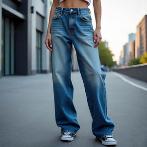 Customized Jeans Flare Denim <b>Pants</b> Streetwear Stone Wash Jeans Denim <b>Pants</b> <b>Ladies</b> - Product Image 1