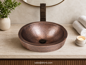 Évier de cuisine DIVRIS en cuivre martelé fait main, rond, à cuve unique, surface polie, installation sur comptoir, lavabo moderne - Product Image 5