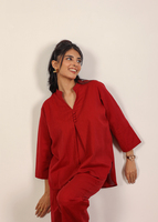2025 nouveau élégant lin marron rouge deux pièces co-ord ensemble col en v Kurta Style haut jambe large pantalon coton naturel bouton OEM ODM