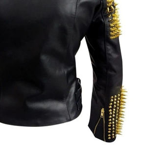 Chaqueta de motorista de PU con logotipo bordado personalizado para mujer, cuello vuelto, tachuelas largas, material de lona de algodón tejido transpirable ecológico - Product Image 5