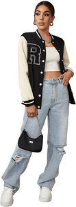 Women's Baseball Bomber Casual Retro Varsity Jacket Single Breasted <b>Distressed</b> Button Down Outerwear Hipster Chenille Jackets - Product Image 5