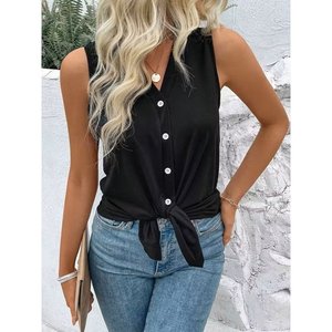 Blusa de viscosa sin mangas con cuello en V y botones frontales con detalle de lazo para mujer, 34613 - Negro - Product Image 2