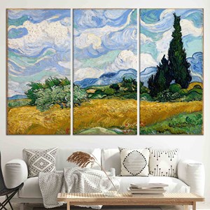 Printed Canvas Art: Van Gogh Wheat Field Cypresses Vintage Decor,SET OF 3 CANVAS - Product Image 1