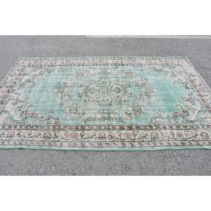 Alfombra turca vintage de gran superficie de 5x8 pies, diseño clásico de retazos verde y Beige, respaldo de látex de lana hecho a mano, pila mediana ecológica - Product Image 3