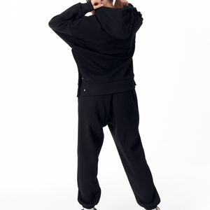 Ensemble survêtement pour femme surdimensionné personnalisé, poids lourd, 2 pièces, pull à manches longues, pantalon de jogging à jambes larges, survêtement noir - Product Image 3