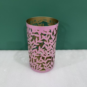 Pink Iron Votive Holder with <b>Leaf</b> Pattern Die Cutting Design for Home Decoration ARTISAN DESIGN V800 - Product Image 2