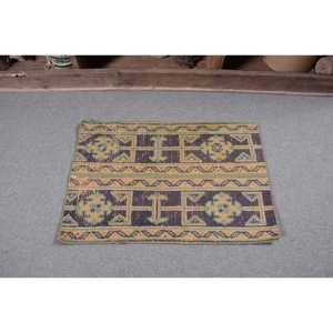 Alfombra Turca Vintage de 1.5x2.2 pies (45x67 cm), Alfombra de Lana Azul con Diseño Floral - Product Image 4