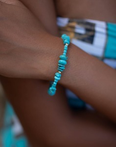 <b>Beaded</b> Turquoise Stackable Bracelet Boho Hippie Handmade 925 Sterling <b>Silver</b> Strung Bright Stone Layered Everyday Rhythm - Product Image 1