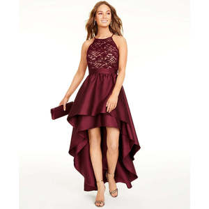 Abito Formale da Donna Emerald Sundae in Raso Rosso, Modello A-Line con Halter, Maxi Hi-Lo, con Pizzo e Vita Impero, Taglia 15 - Product Image 1