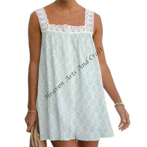 Vestido Boho para Mujer, Estampado en Bloques, Algodón, Diseño Gitano Hecho a Mano, Túnica de Algodón Transpirable con Estampado en Bloques, Top de Encaje, India y Pakistán - Product Image 4