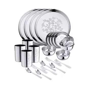 Hot Sale 24-Piece Stainless Steel Dinner Set with Plant Pattern Cutlery Dishes Plates Includes Ins Design Style Serving Knives