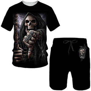 Novedad gótica calavera 3D estampado camiseta/traje verano hombres Cool estilo Punk camisetas + Pantalones cortos conjunto personalidad Hip Hop Streetwear chándal - Product Image 5