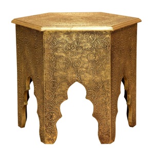 Table d'appoint marocaine moderne, table basse ronde dorée vieillie avec plateau large en verre miroir pour salon, fabricant grossiste - Product Image 5