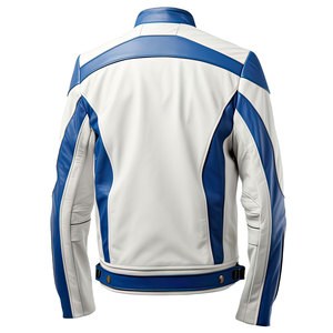 Veste en cuir de mouton blanc bleu royal pour homme avec col montant Racer Classy Casual Moto Biker Style Fashionable Canvas Fabric - Product Image 2