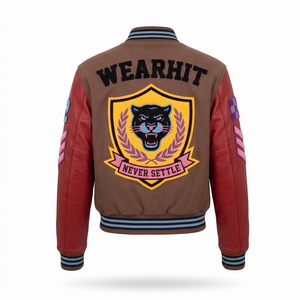 Fabricante de Chaquetas Varsity, Parche con Cresta, Lana Mocha, Cuero Rojo, Cabeza de Pantera Negra, Chenille, Letras Bordadas, OEM - Product Image 2