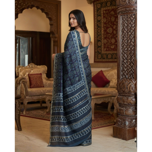 Sari ethnique Chanderi imprimé, coupe droite, avec chemisier en tissu chiffon - Product Image 3