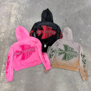 Sweats à capuche surdimensionnés personnalisés pour hommes en éponge lourde délavé à l'acide Double fermeture éclair Rhinestone Distressed Rip brodé Streetwear - Product Image 2