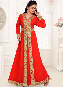 Caftanes islámicos Georgette bordados rojos con hijab a prueba de sol. - Product Image 2