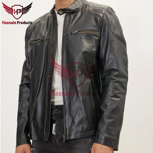 Veste en cuir véritable noir pour homme, col à boutons-pression, double fermeture éclair sur la poitrine, en peau de mouton, style Cafe Racer, personnalisée, classique, vintage, vêtement d'extérieur d'hiver - Product Image 6