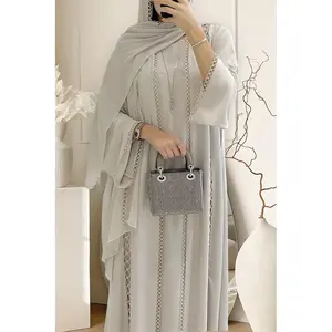 Ensemble assorti Abaya en tissu mousseline respirant à manches longues, cardigan et robe longue unie, pour toutes les saisons - Product Image 5