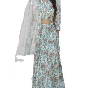 Offwhite Green Lehenga Set Indian Fashion Styling Quality <b>Kurti</b> and Pants From Indian Manufacturer - Product Image 1