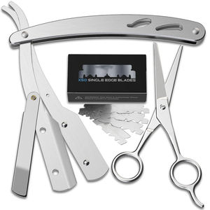 Complete Straight Razors <b>for</b> <b>Men</b> <b>Kit</b> with 50 Single Blade Razors <b>for</b> <b>Men</b> and Scissors Barber Supplies Straight Edge Razor Silver - Product Image 5