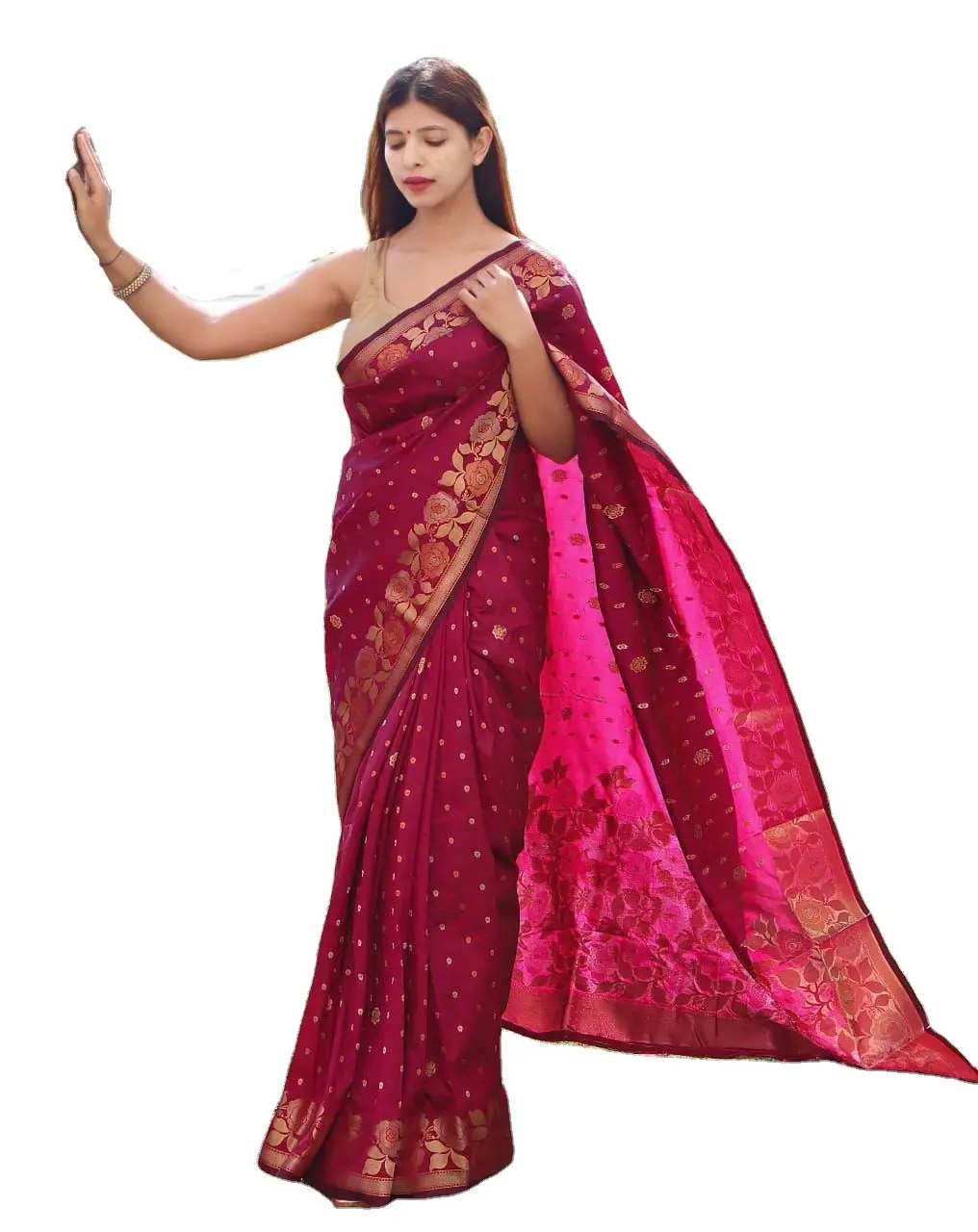 Rosa und grüne indische Baumwolle und Banrasi Seide golden bestickte Seiden sarees mit Designer-Baumwoll bluse