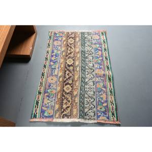 พรมปูพื้นขนแกะสไตล์ตุรกีโบราณขนาด2.5x3.5ฟุตหรูหราสไตล์ดั้งเดิมสีน้ำเงินลายเย็บปะต่อสีเบจแบนลาเท็กซ์สำหรับโถงทางเดิน - Product Image 1