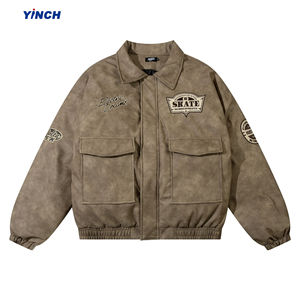 Veste en cuir véritable brodée pour homme, vente en gros OEM, surdimensionnée, coupe-vent, vintage, col rabattu, épaisse pour l'hiver, chaude - Product Image 1