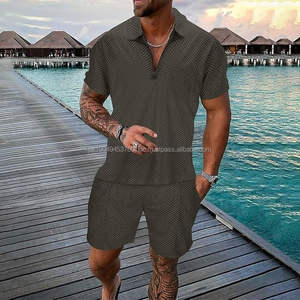 Vêtements 2 pièces décontractés pour hommes Chemise et short à fermeture éclair imprimés à la mode Ensemble de tenues de loisirs et de vacances - Product Image 1