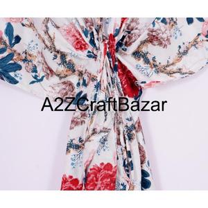 Robe kaftan midi florale 100% coton faite à la main, col en V, manches courtes, silhouette moulante sexy, franges, volants, écologique, tenue de soirée - Product Image 3
