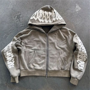 Moda logotipo personalizado alta calidad Vintage sudaderas con capucha de gran tamaño lavado ácido desgastado bordado apliques Unisex Jogger chándales - Product Image 2